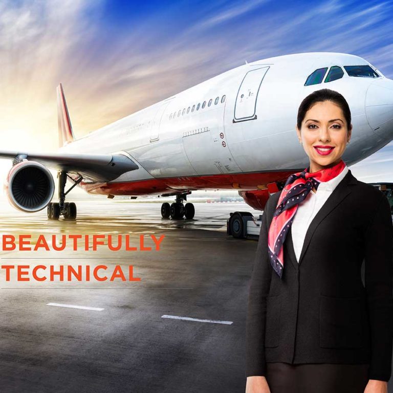 lady in front of plane in uniform sweater with beautifully technical slogan