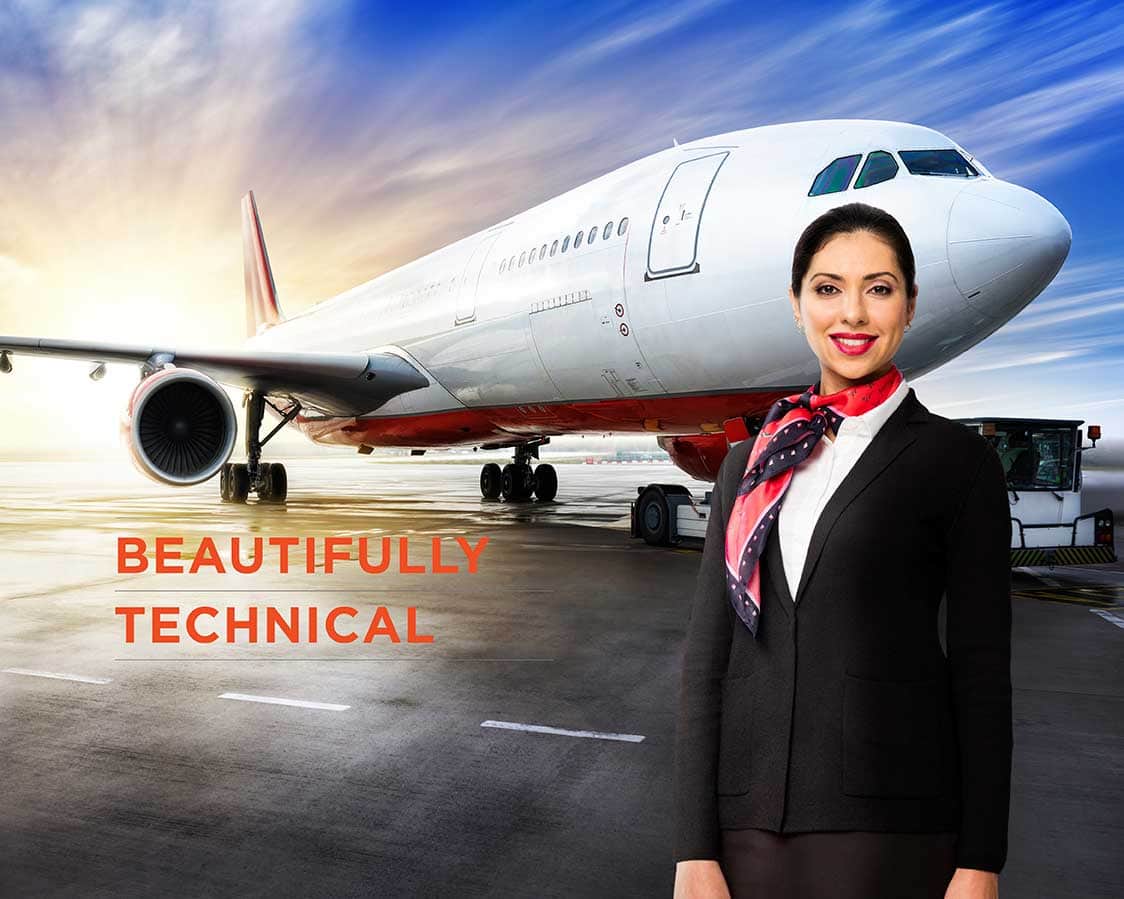 lady in front of plane in uniform sweater with beautifully technical slogan 