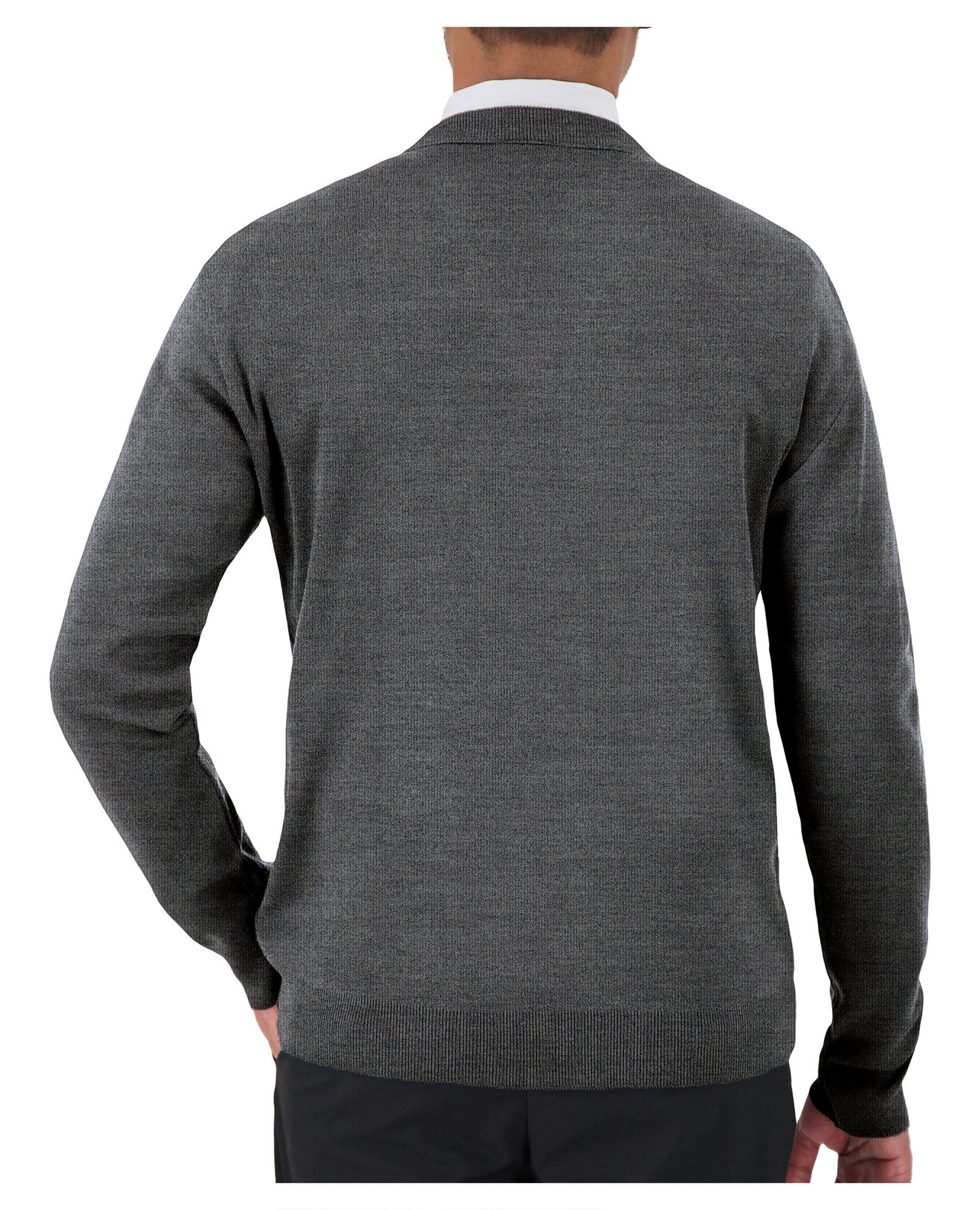 back of grey v-neck corporate sweater 