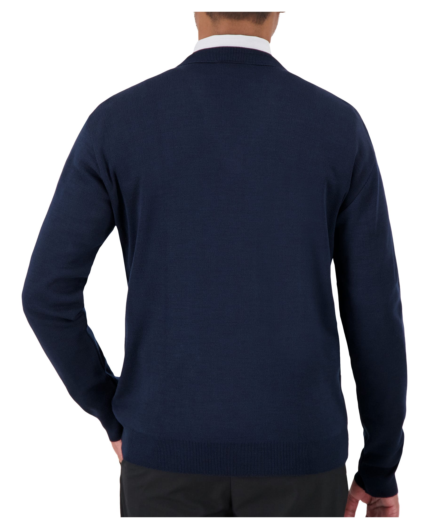 back of navy v-neck corporate sweater