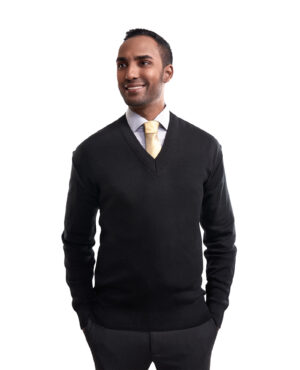 man in black v-neck knit sweater