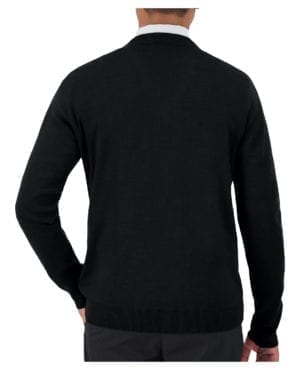 back of black v-neck corporate sweater