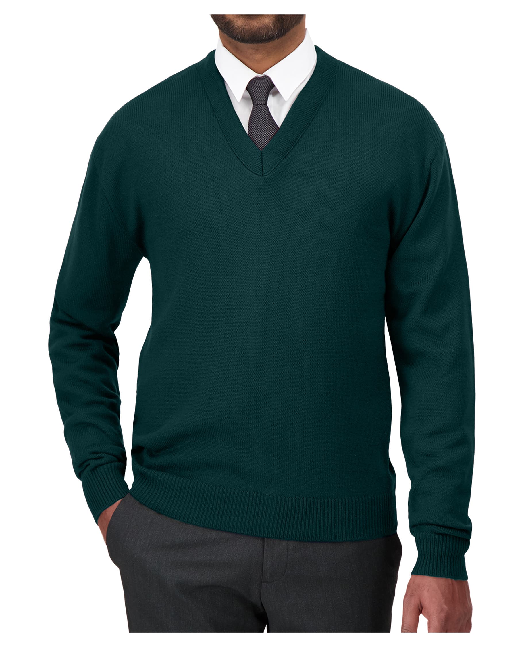 green v-neck uniform sweater