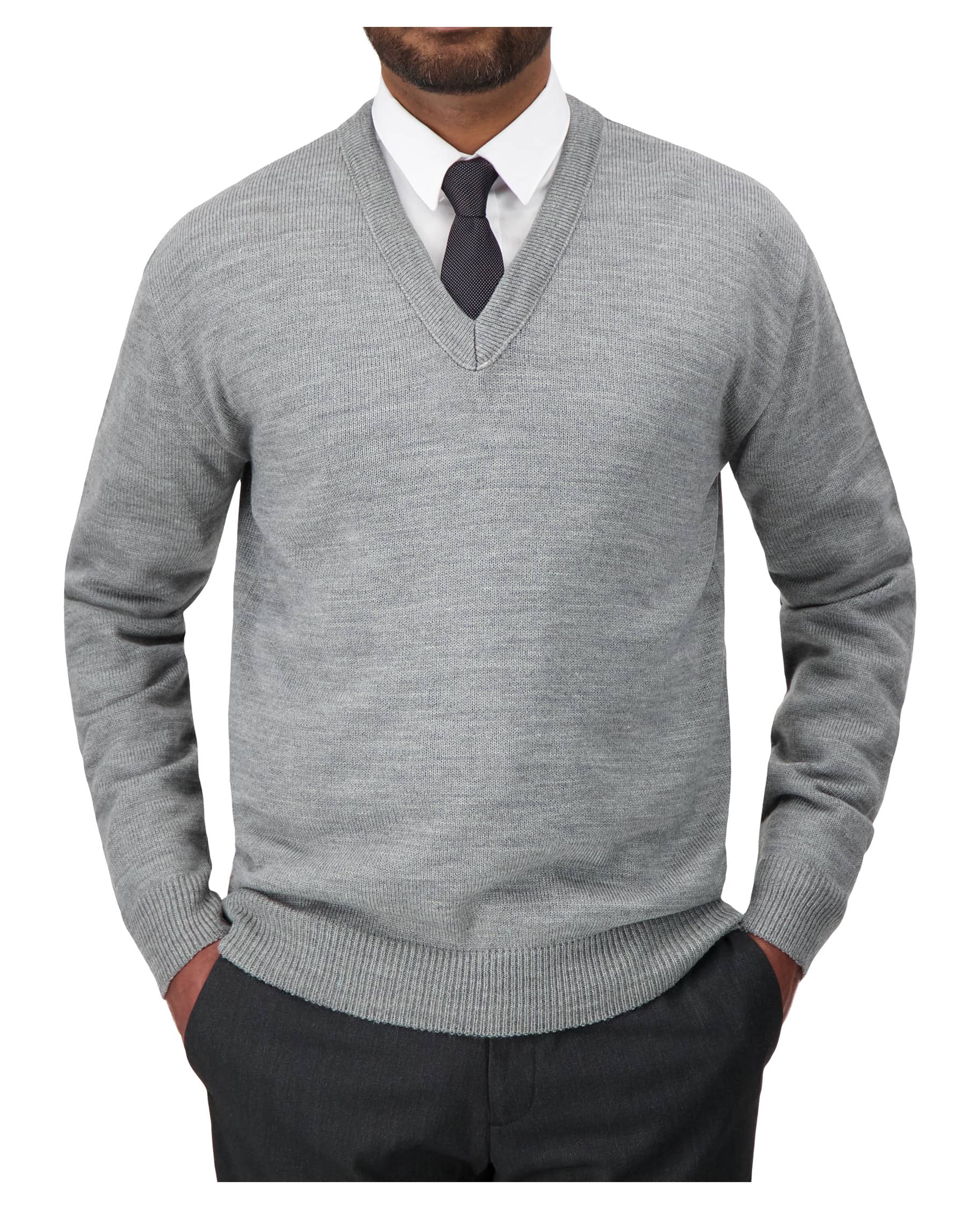 grey v-neck uniform sweater
