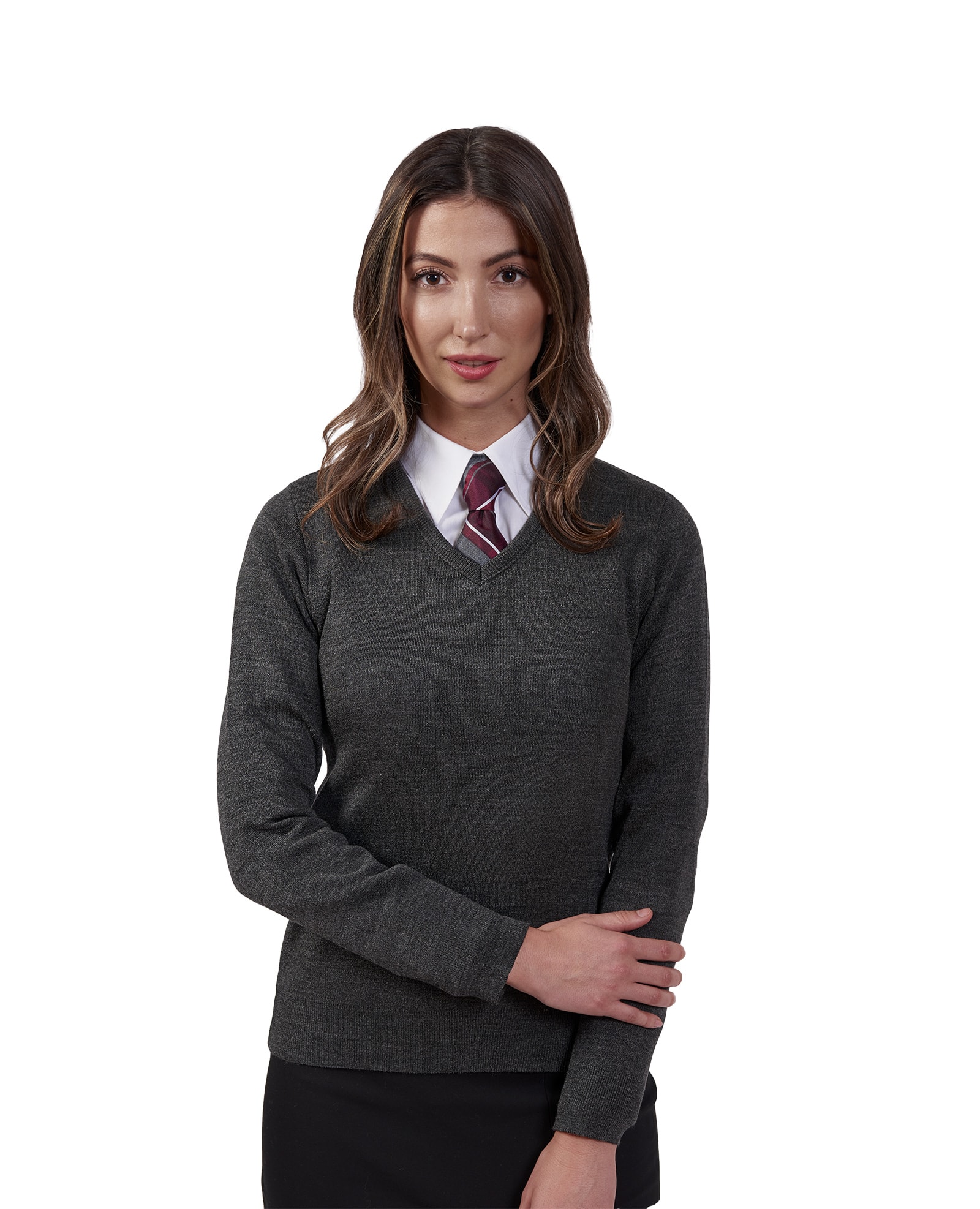 woman wearing grey v-neck corporate sweater