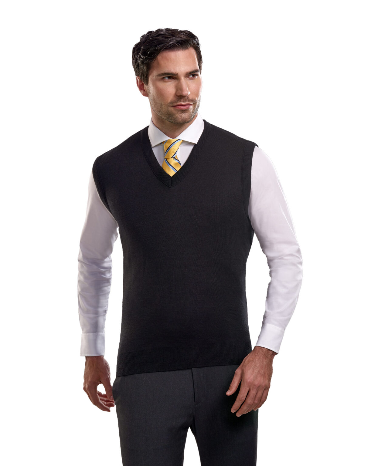 man in black knit sweater vest