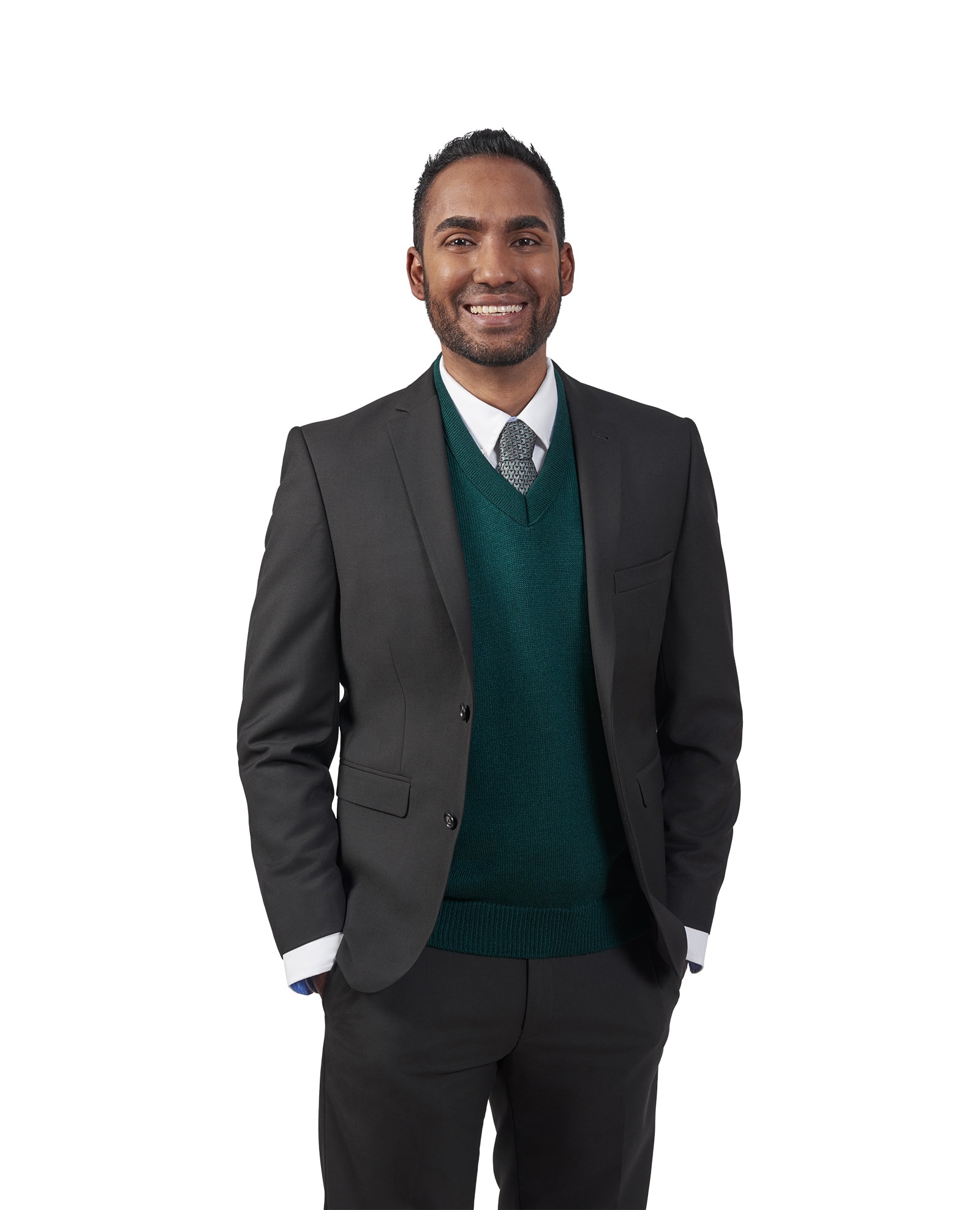 man wearing layeres v-neck green corporate sweater