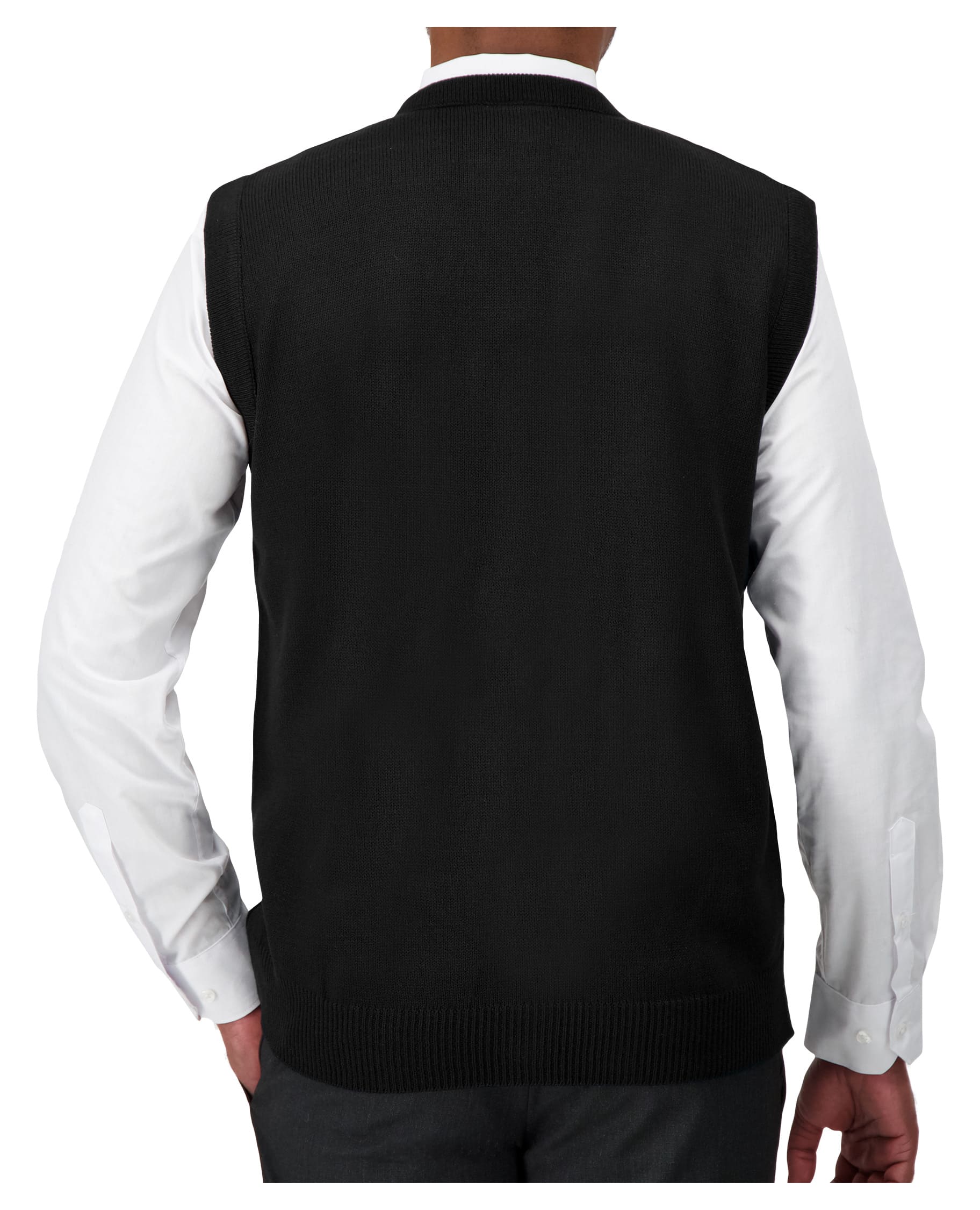 back of cobmex button down black sweater vest
