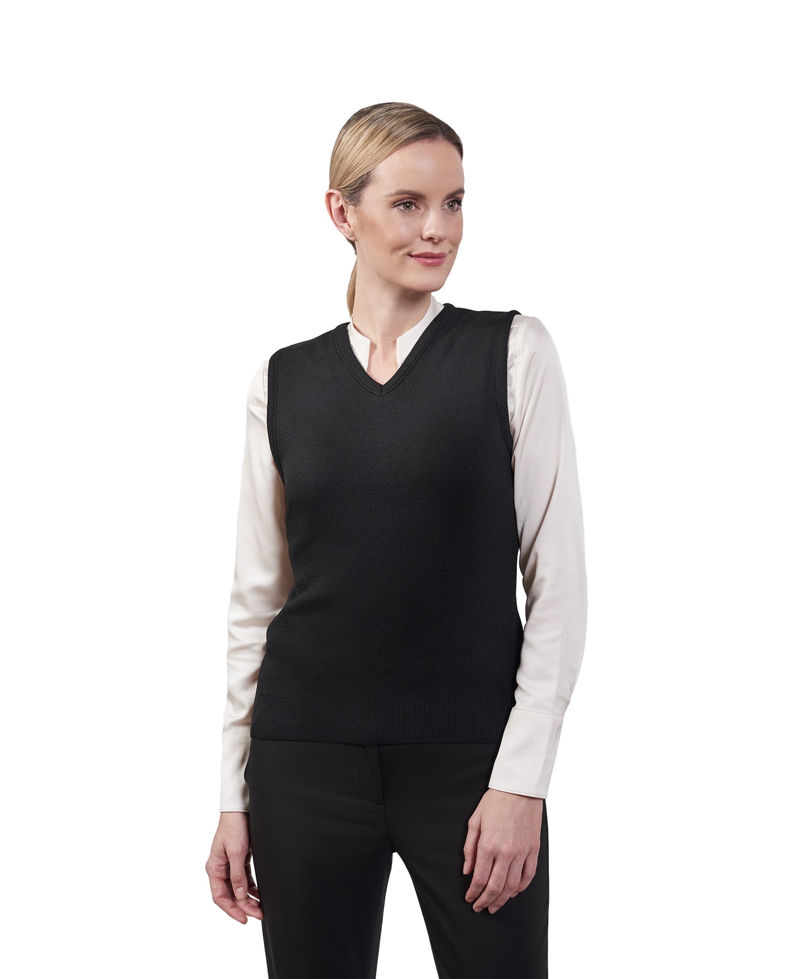 woman wearing black v-neck sweater vest