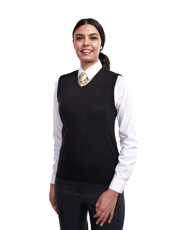 woman in black knit sweater vest