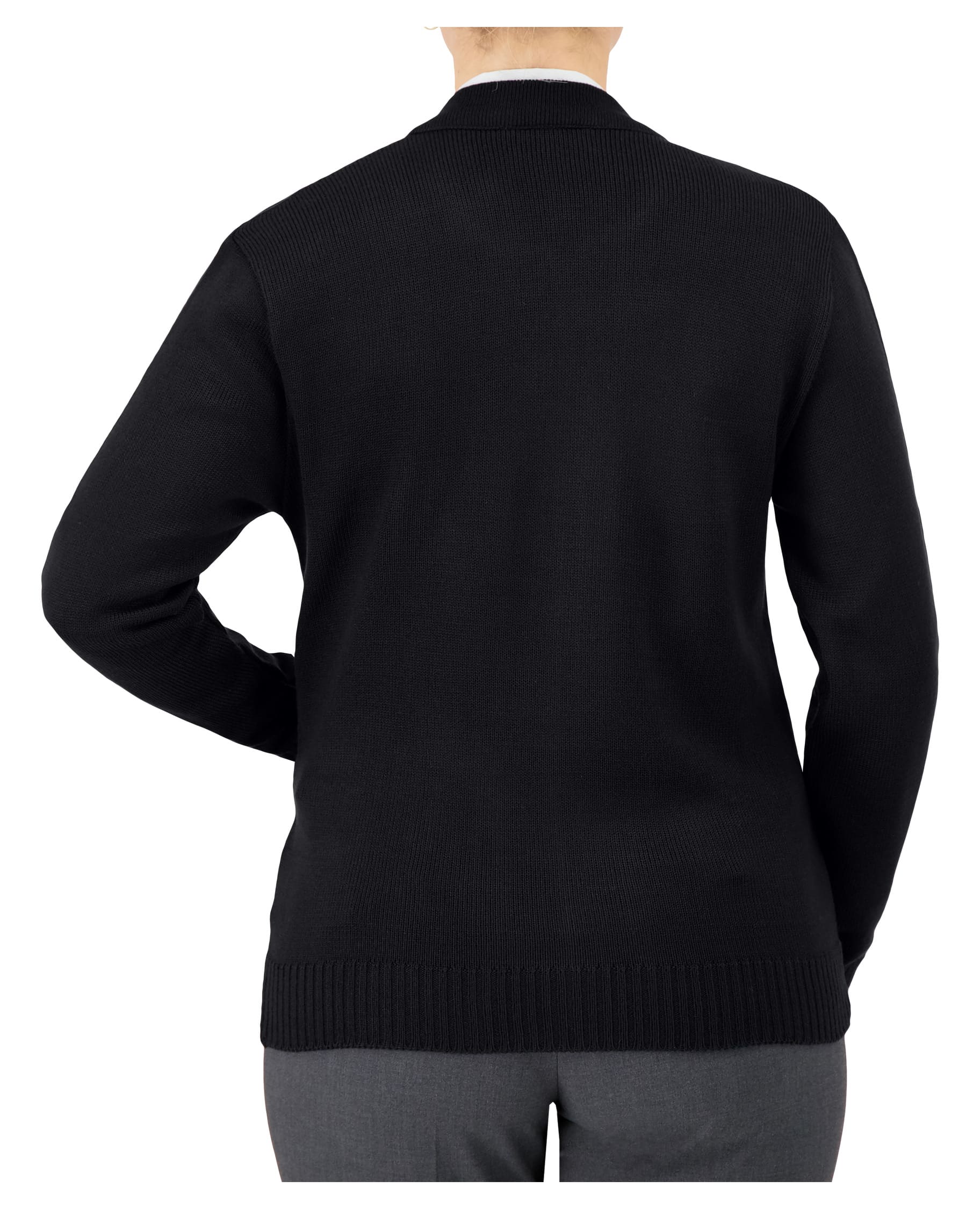 back of black zip up uniform sweater with pockets 