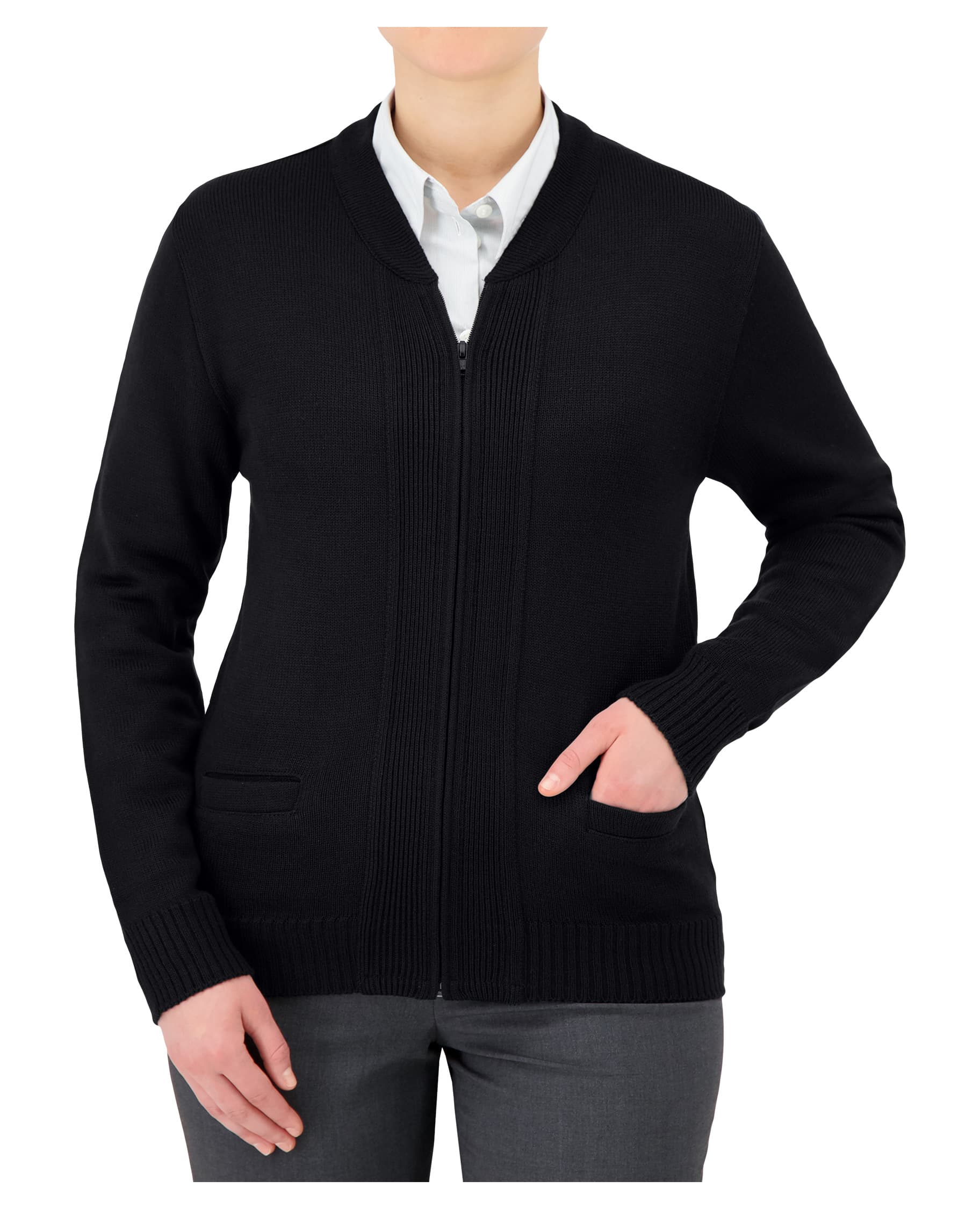 black zip up uniform sweater with pockets 
