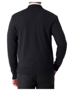back of black full zip knit sweater