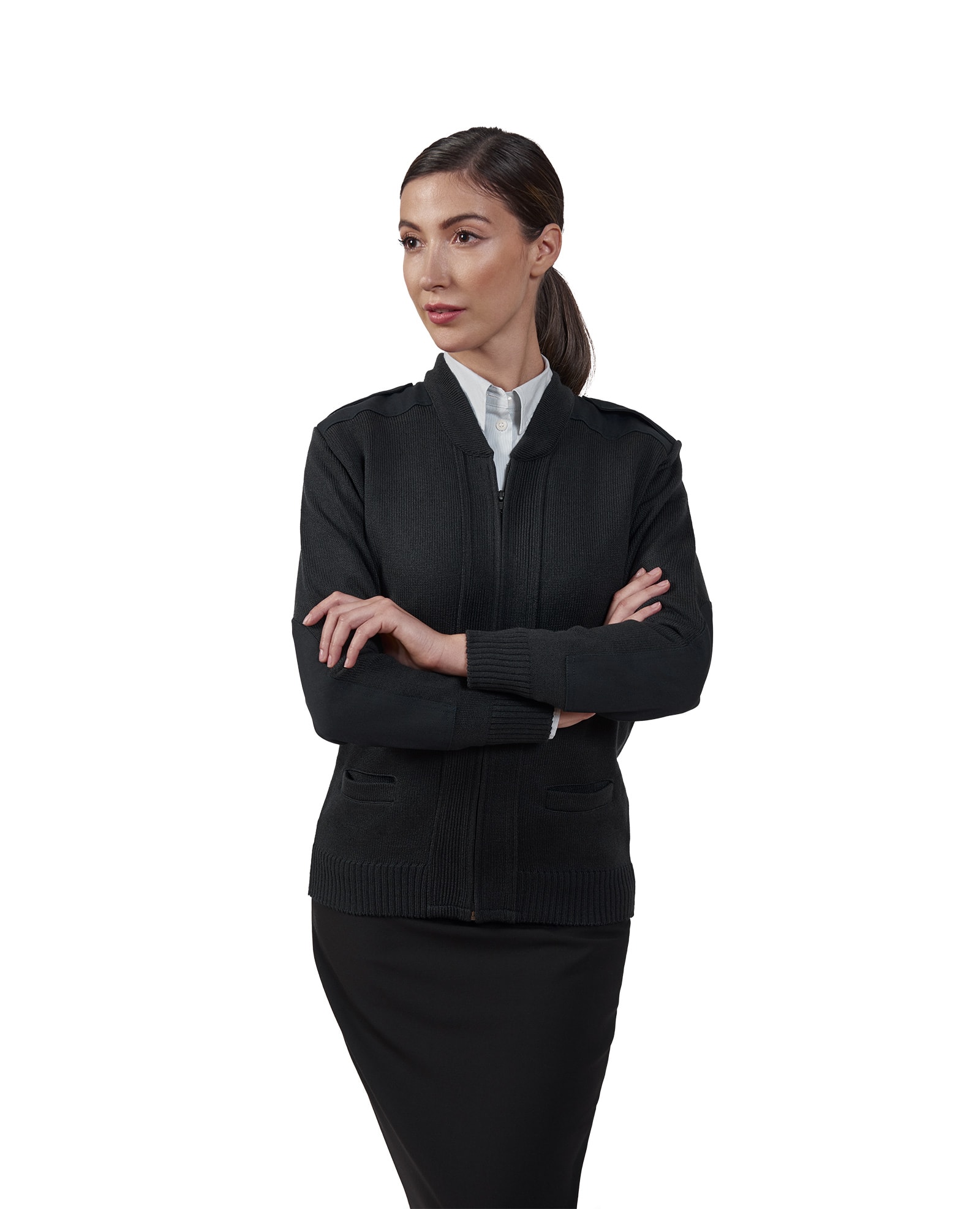 woman wearing black full zip sweater with pockets