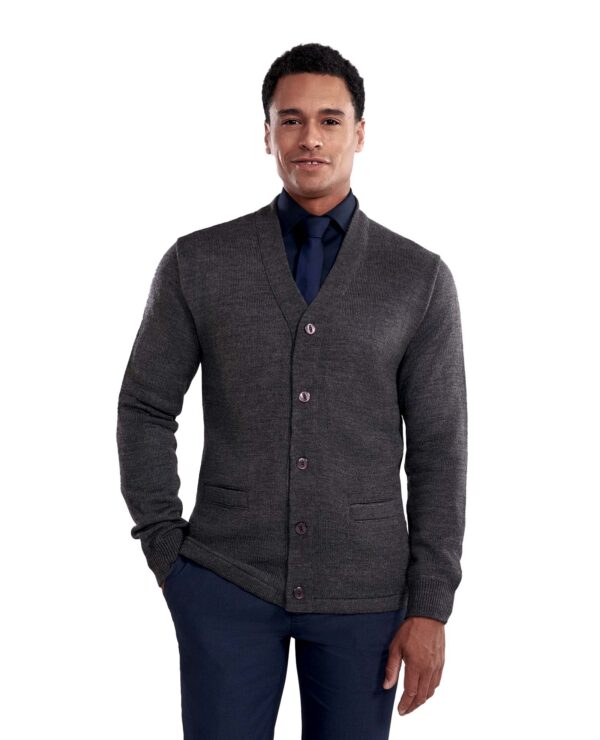 Men's grey V-neck button down knit cardigan