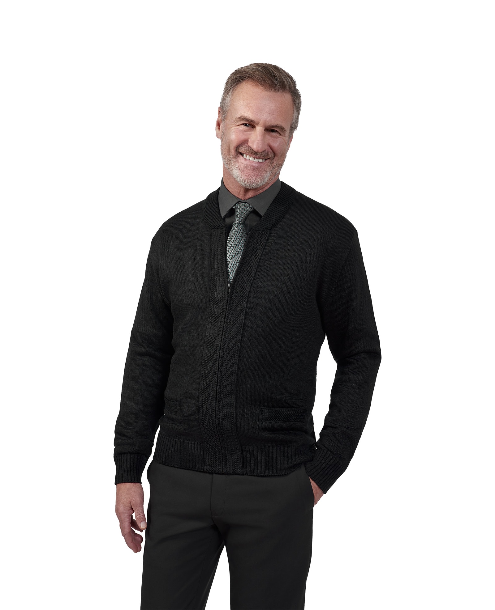 man wearing full zip black sweater with pockets