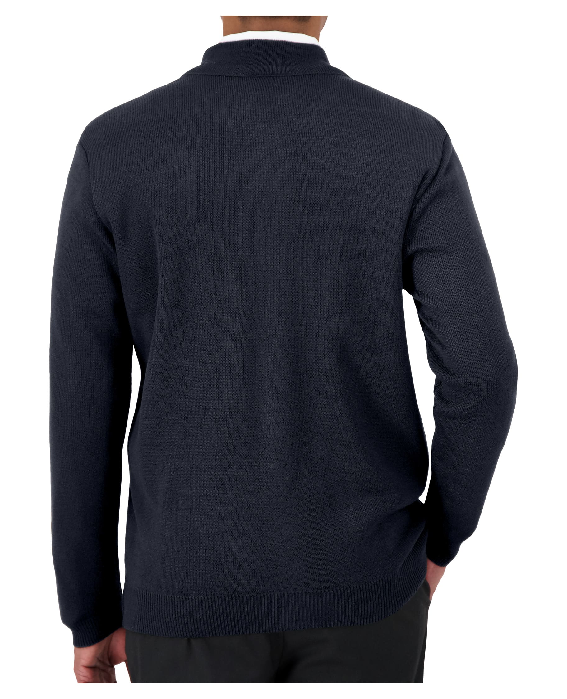 back of mock neck full zip uniform sweater