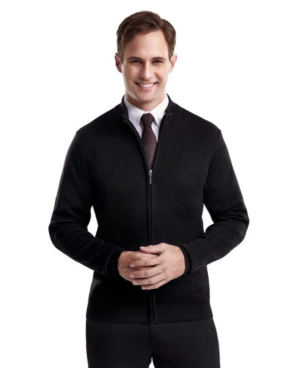 man in black full zip knit sweater