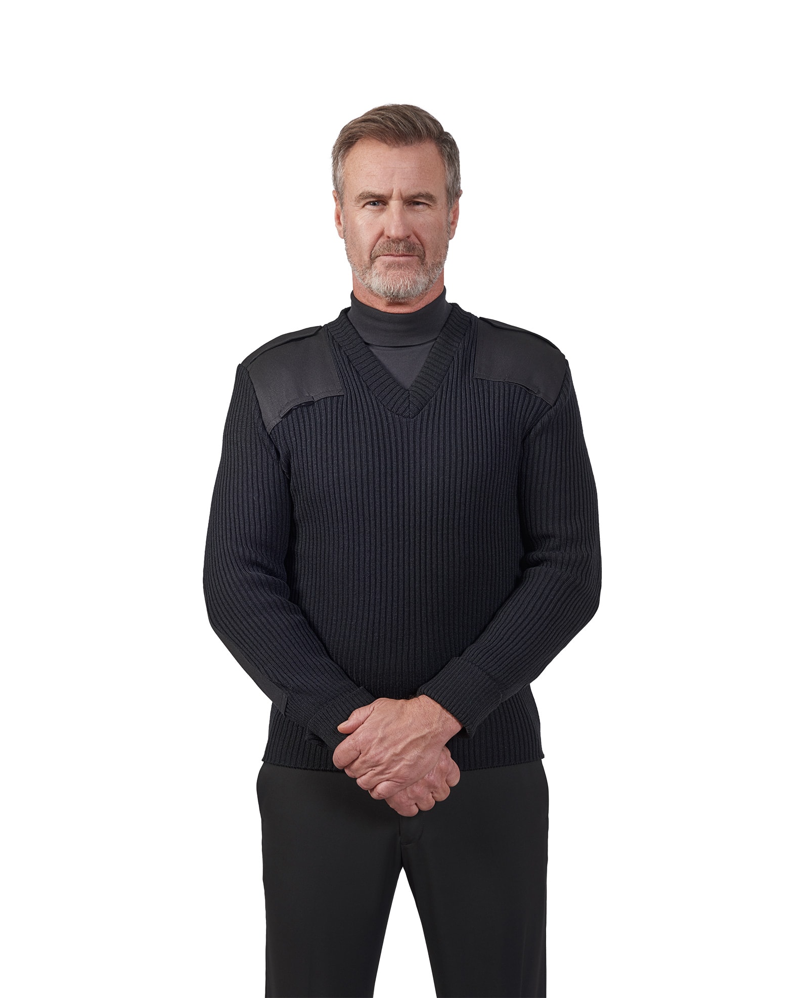 man wearing v-neck sweater with shoulder and elbow patches
