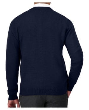 back of navy v-neck corporate sweater