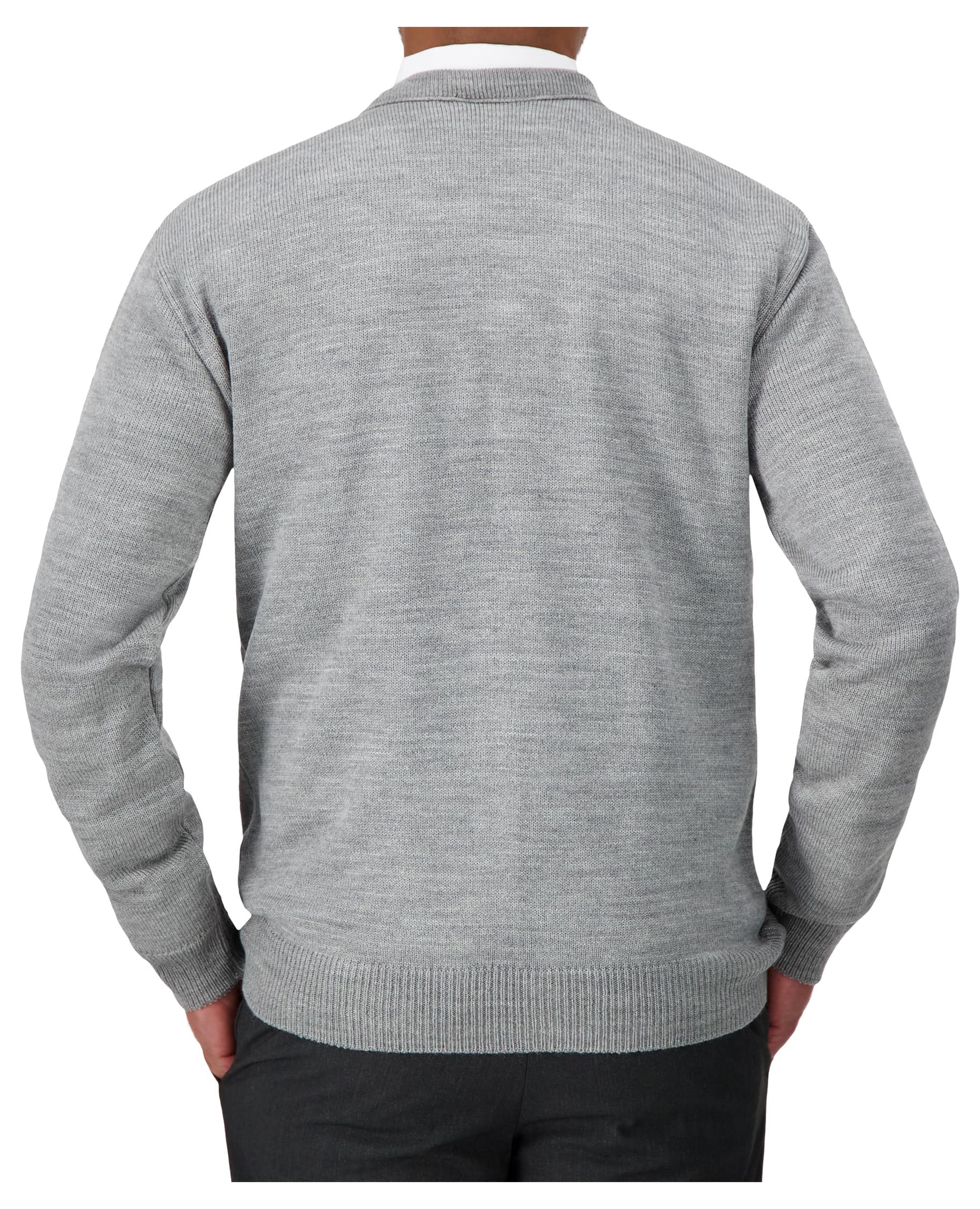 back of grey v-neck corporate sweater
