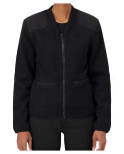 black v-neck zip up sweater with pockets and shoulder and elbow patches
