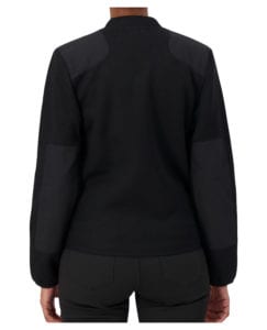 back of black v-neck zip up sweater with pockets and shoulder and elbow patches
