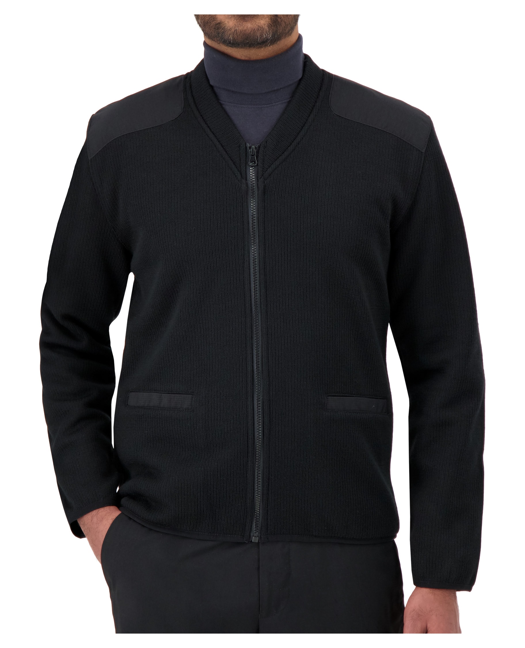 black v-neck zip up sweater with shoulder and elbow patches and pockets