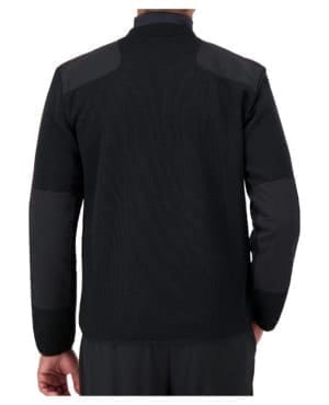 back of black v-neck zip up sweater with shoulder and elbow patches and pockets