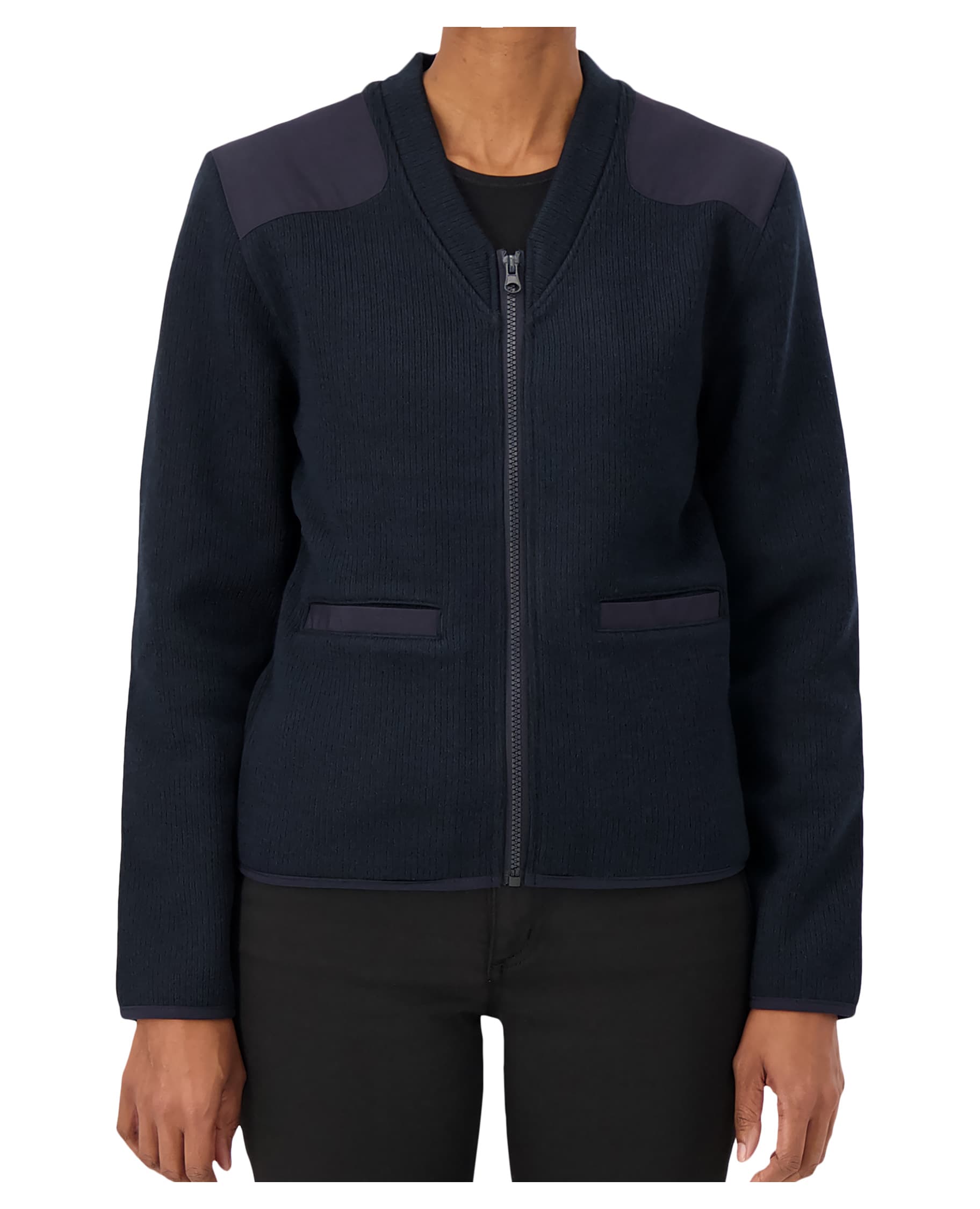 navy v-neck zip up sweater with pockets and shoulder and elbow patches