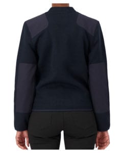 back of navy v-neck zip up sweater with pockets and shoulder and elbow patches