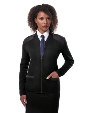 black full zip knit sweater with pockets and shoulder patches