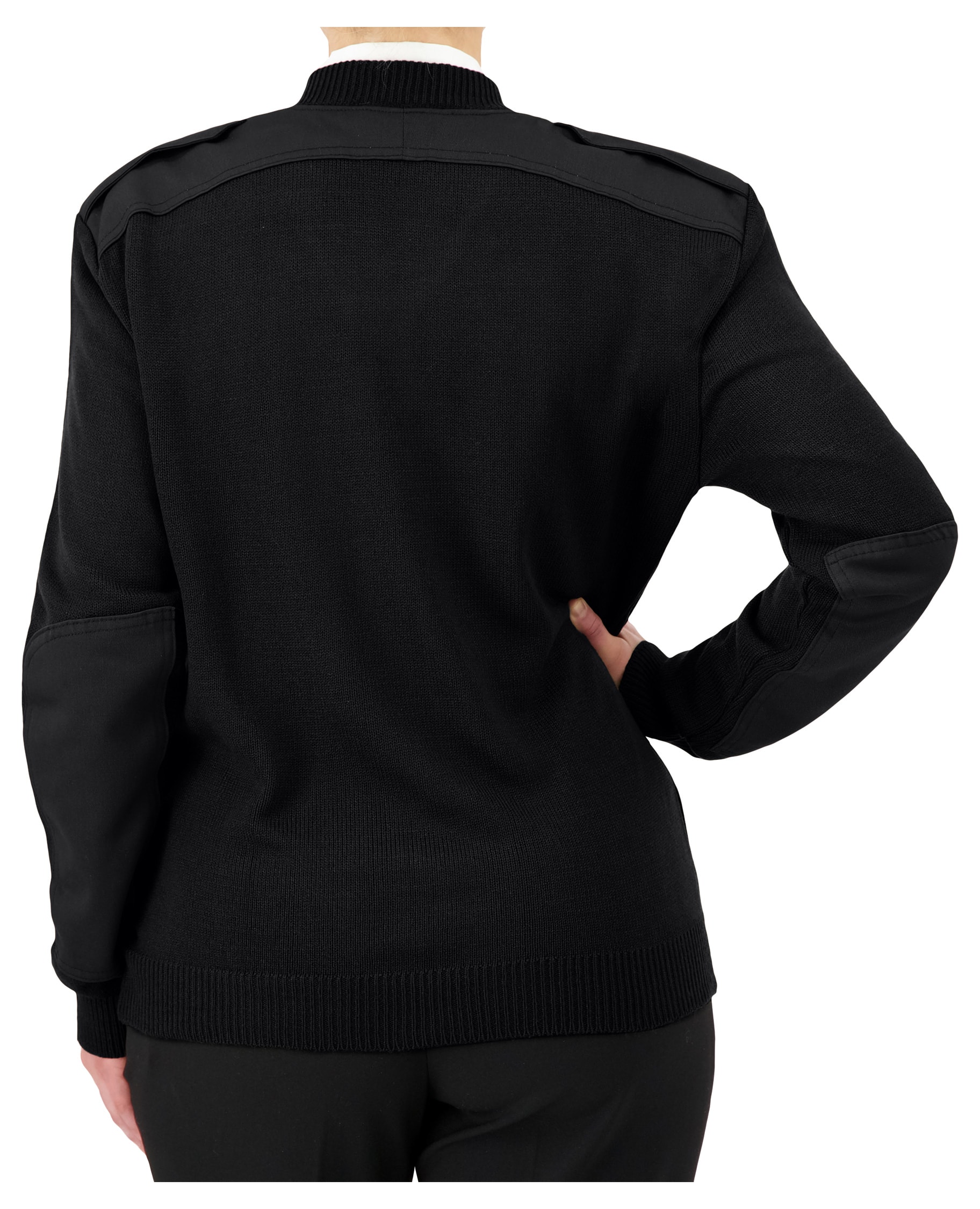 back of black v-neck sweater with shoulder and elbow patches