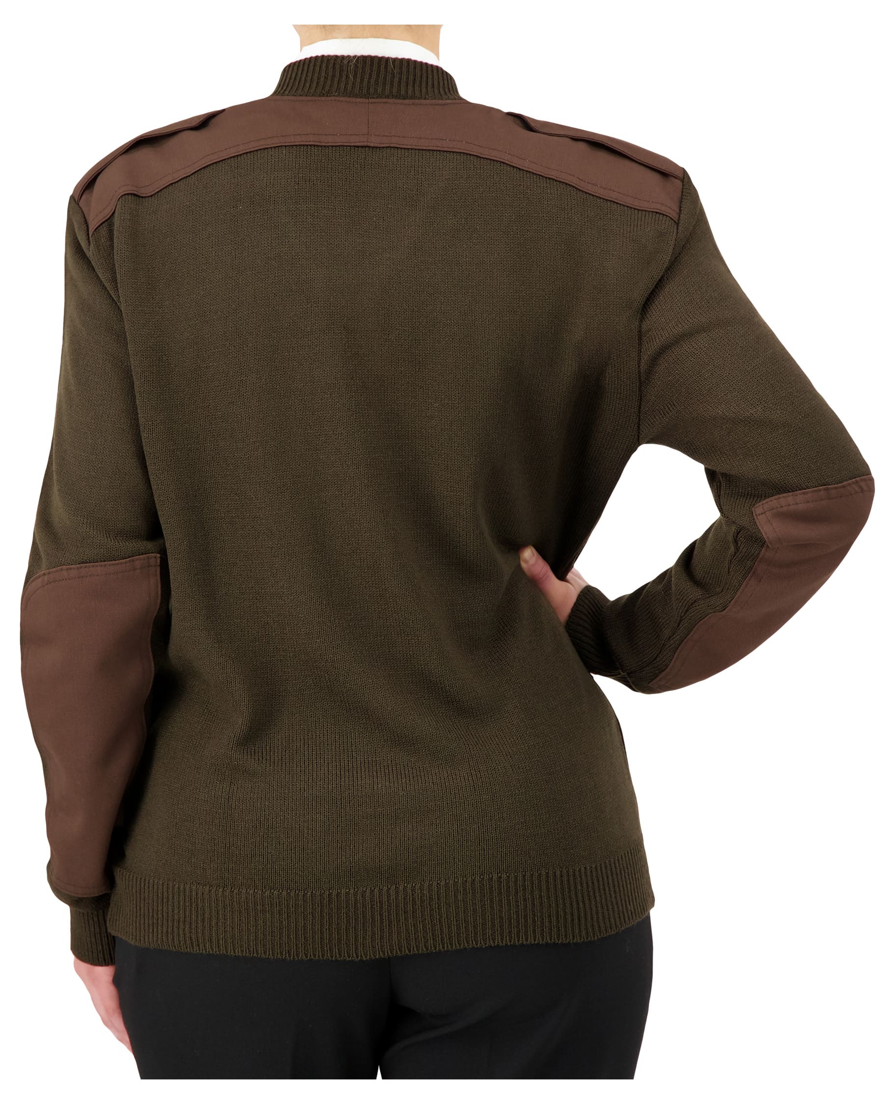 back of brown v-neck sweater with shoulder and elbow patches