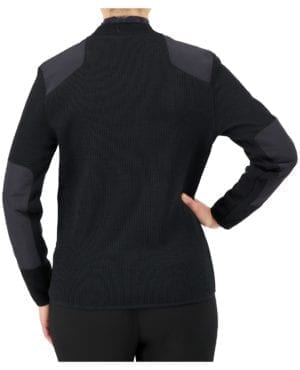 back of v-neck sweater with shoulder and elbow patches