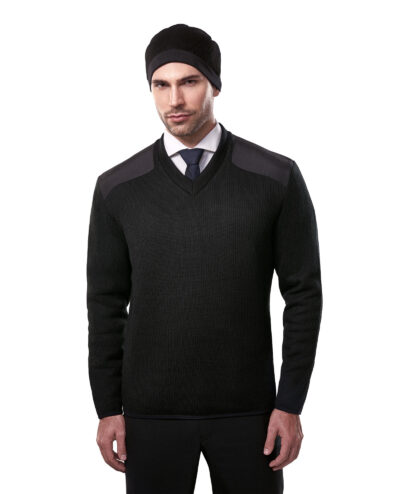 2030Black man in black V-neck knit sweater with shoulder and elbow patches
