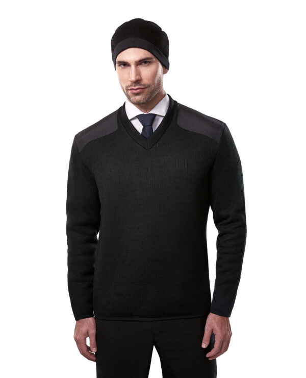 man in black V-neck knit sweater with shoulder and elbow patches
