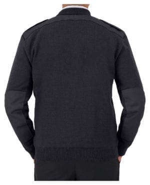back of v-neck sweater with shoulder and elbow patches