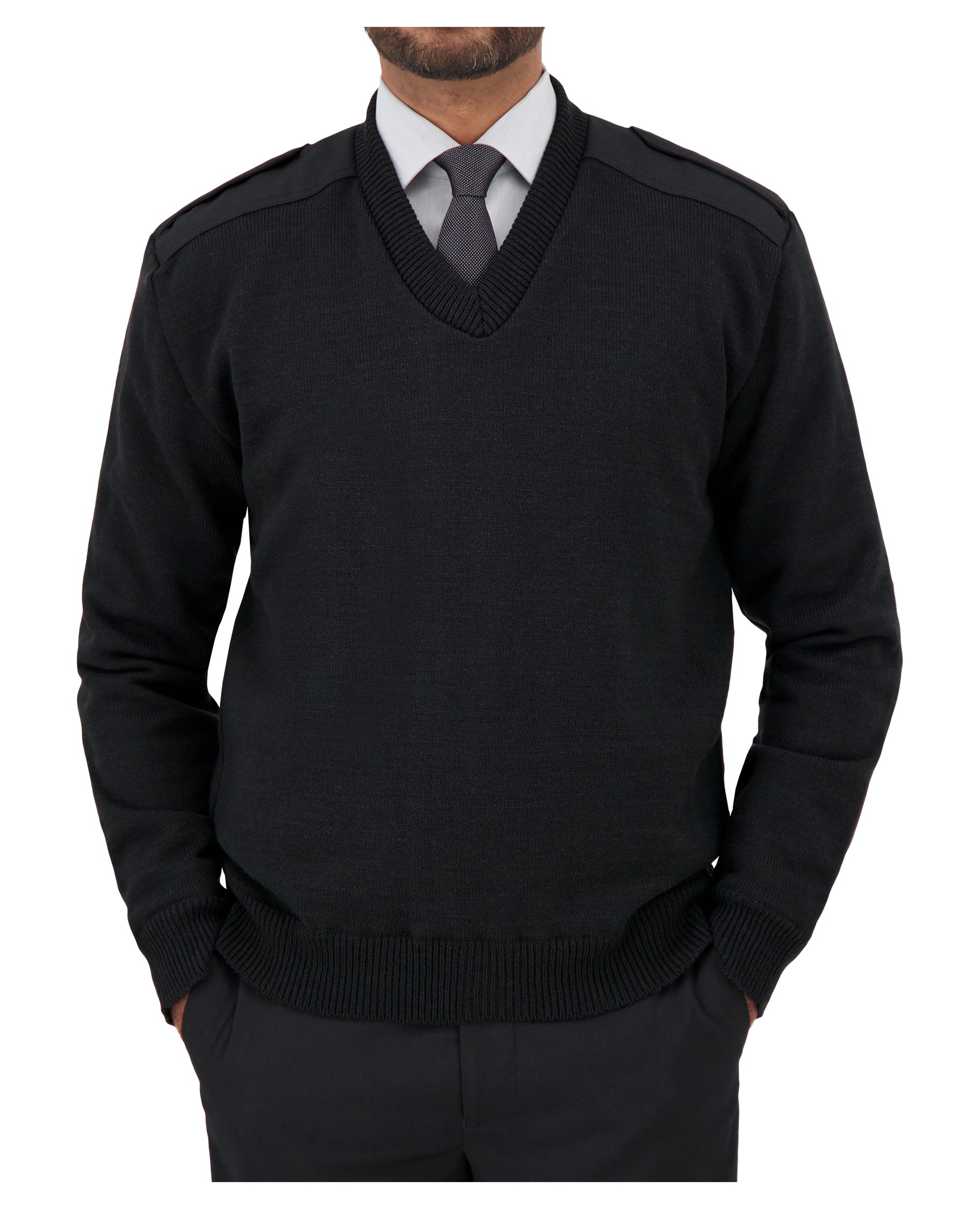 black v-neck sweater with shoulder and elbow patches