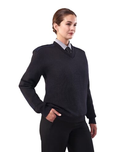 2805DarkNavy woman in navy v-neck knit sweater with shoulder and elbow pads