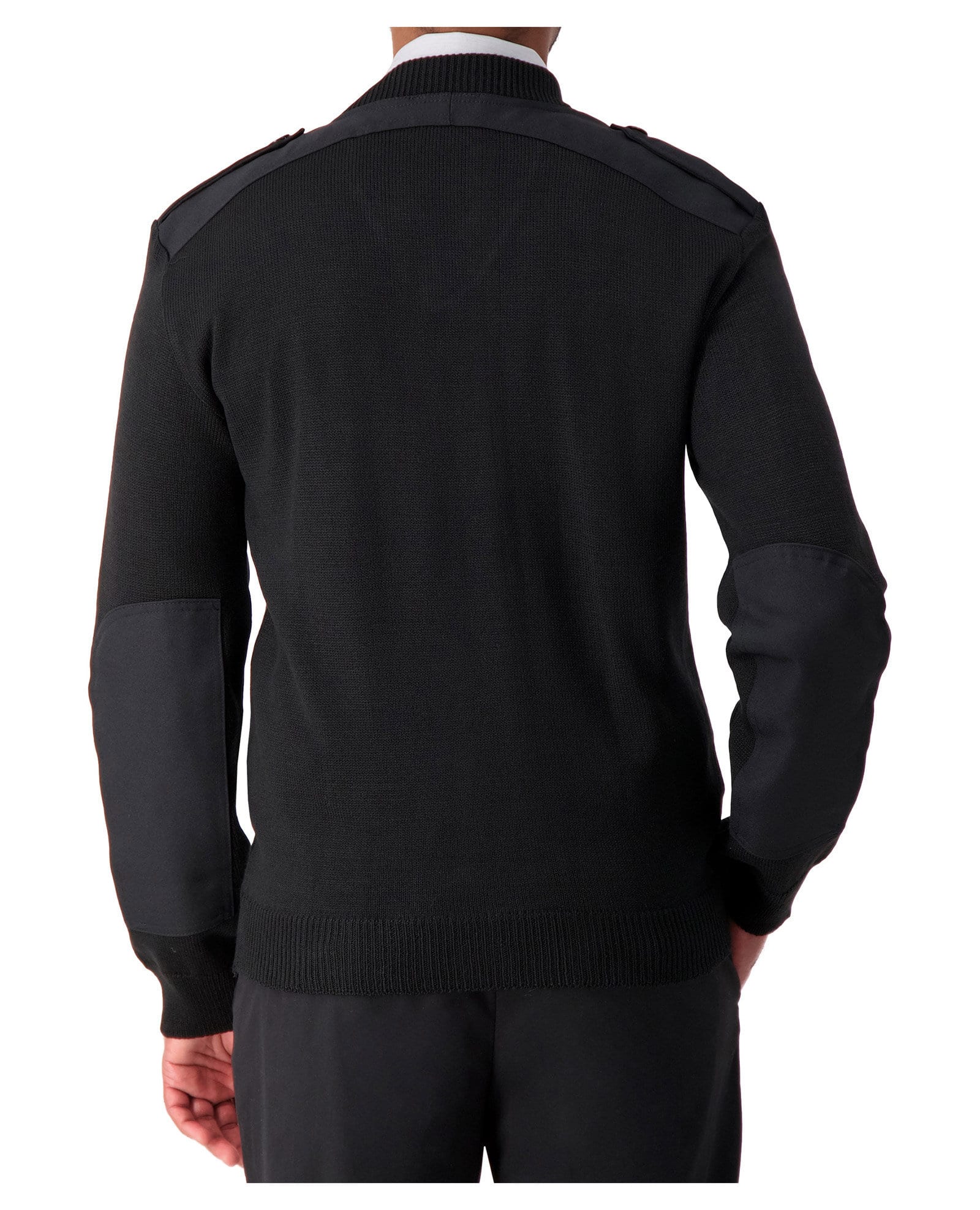back of black v-neck sweater with shoulder and elbow patches 