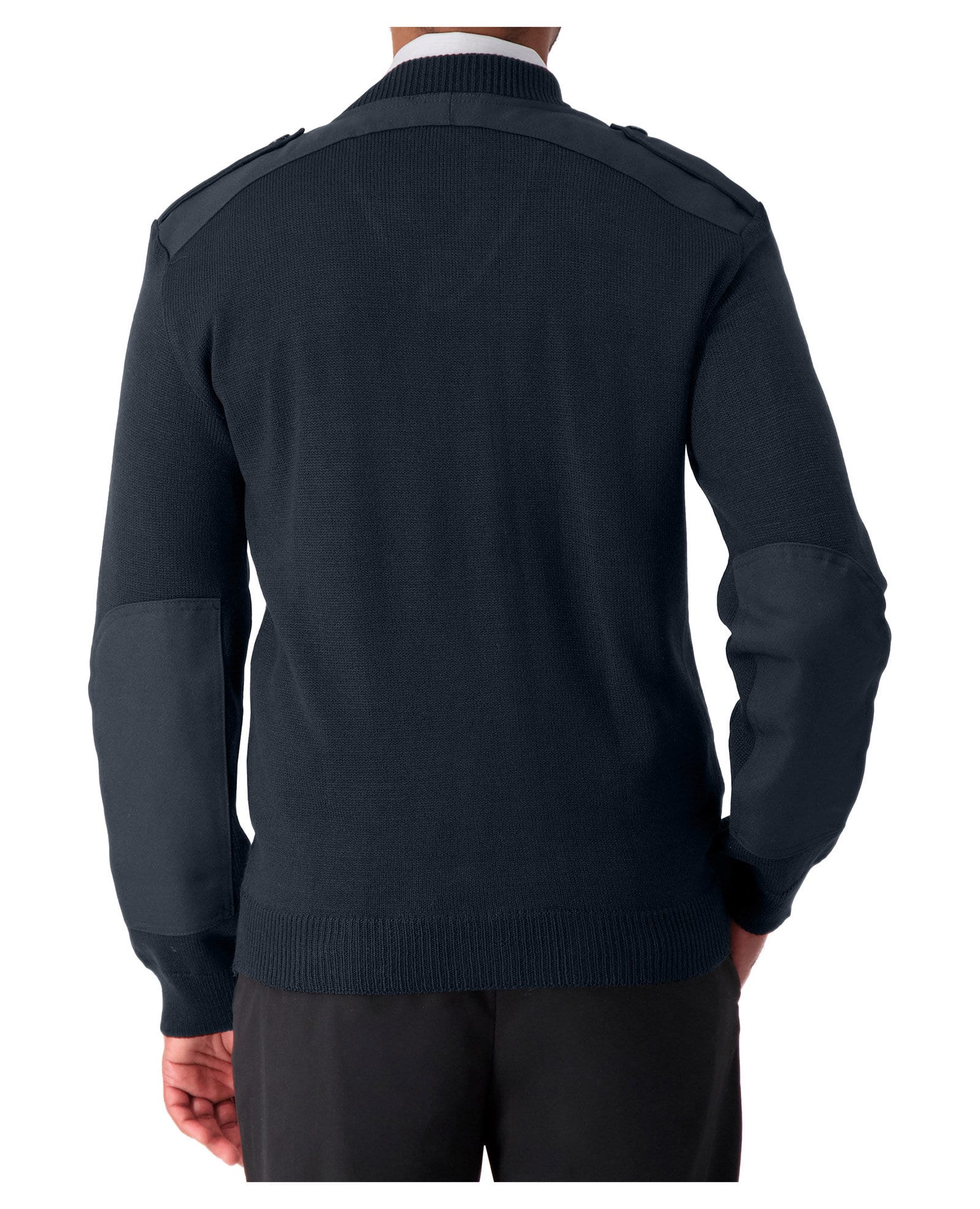 back of navy v-neck sweater with shoulder and elbow patches 