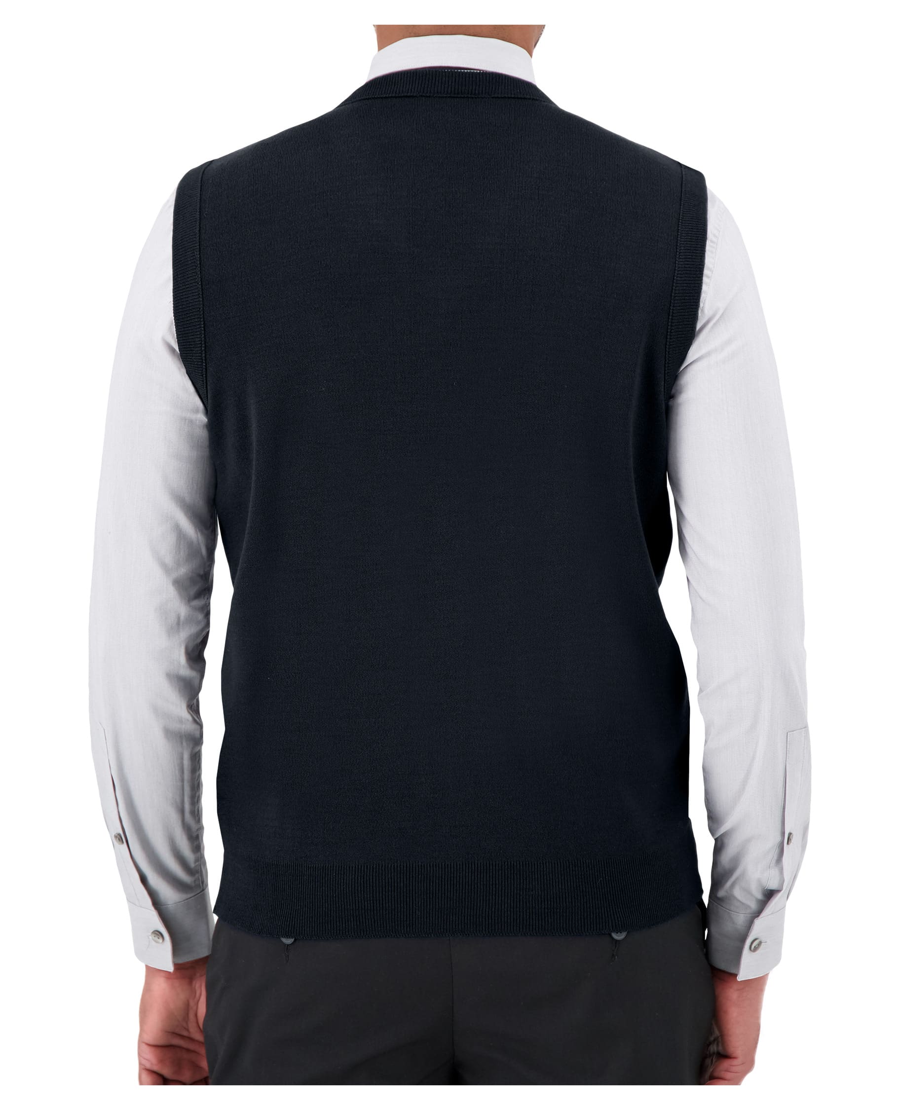 back of dark navy v-neck sweater vest