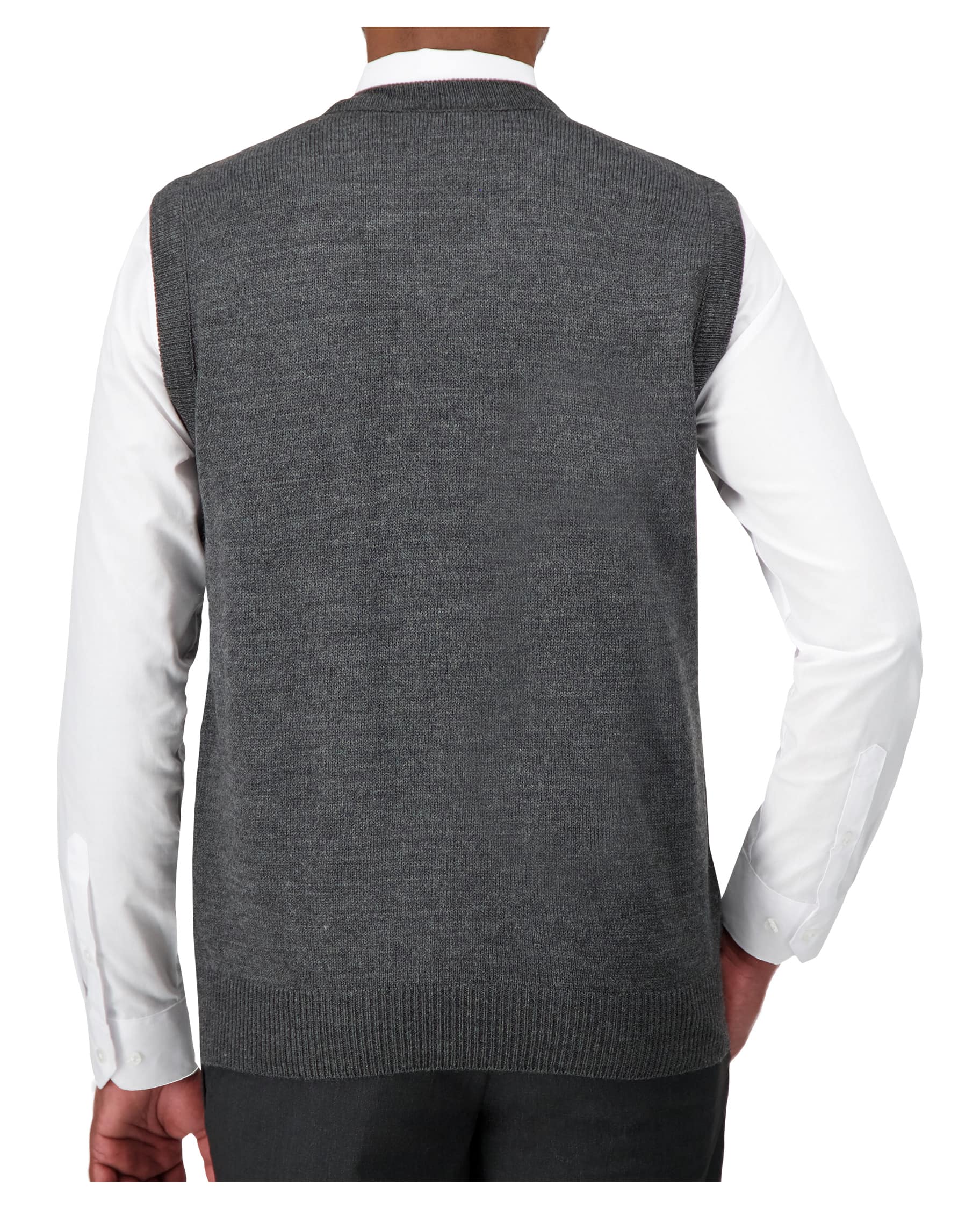 back of grey v-neck sweater vest