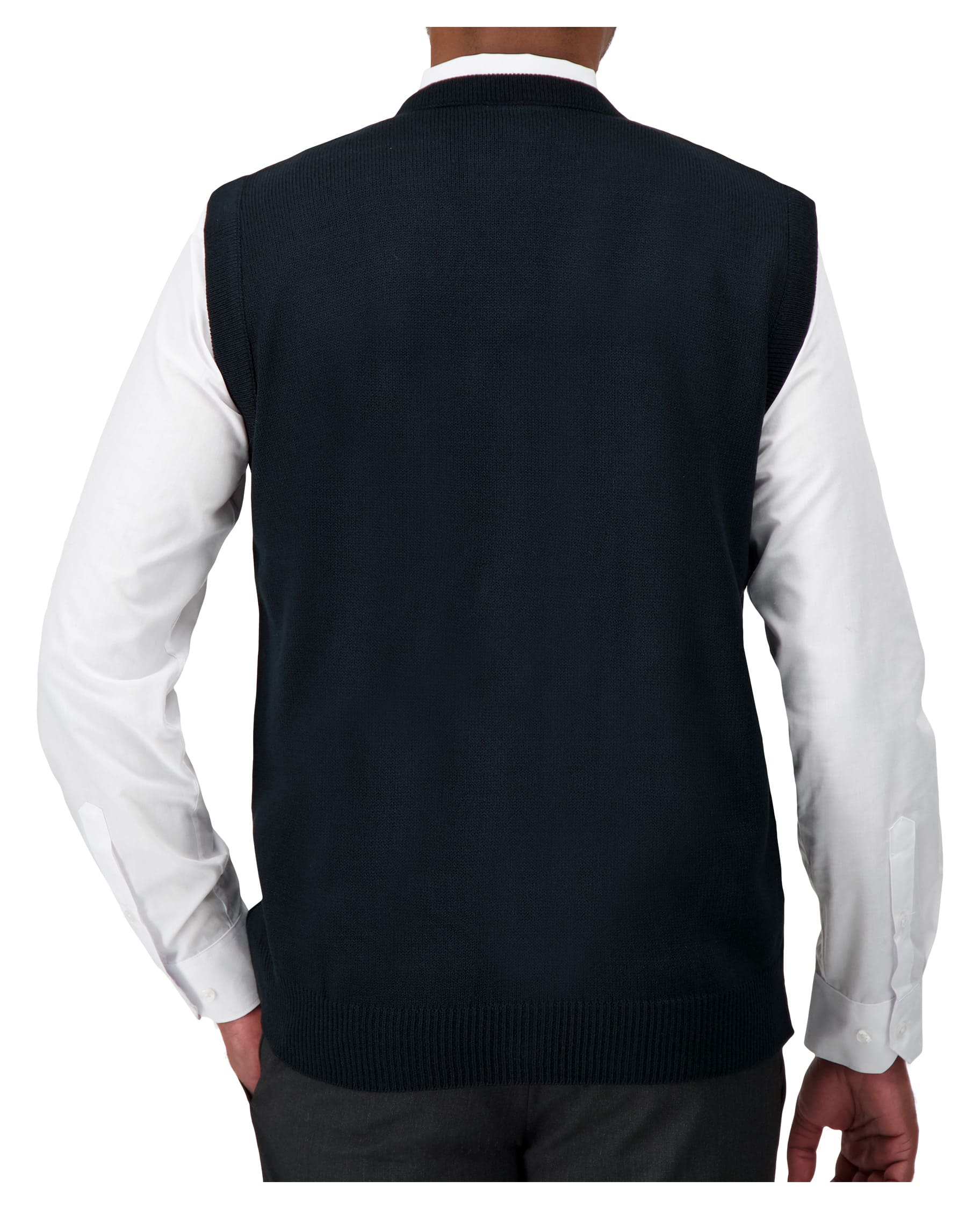 back of navy v-neck button down sweater vest