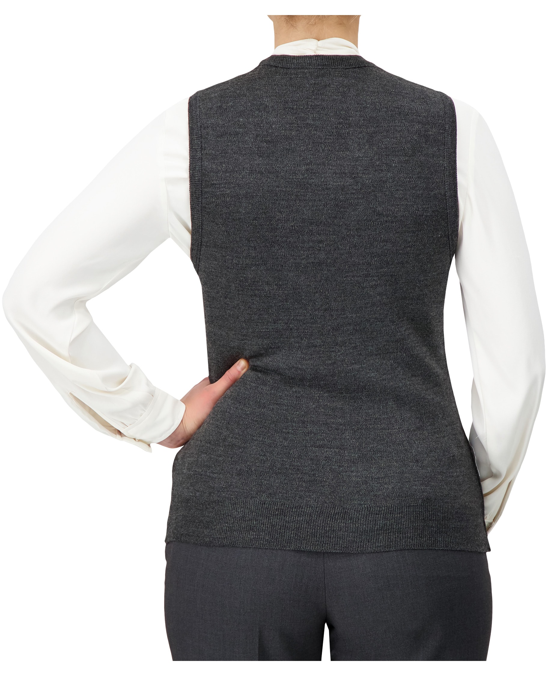 back of grey v-neck sweater vest