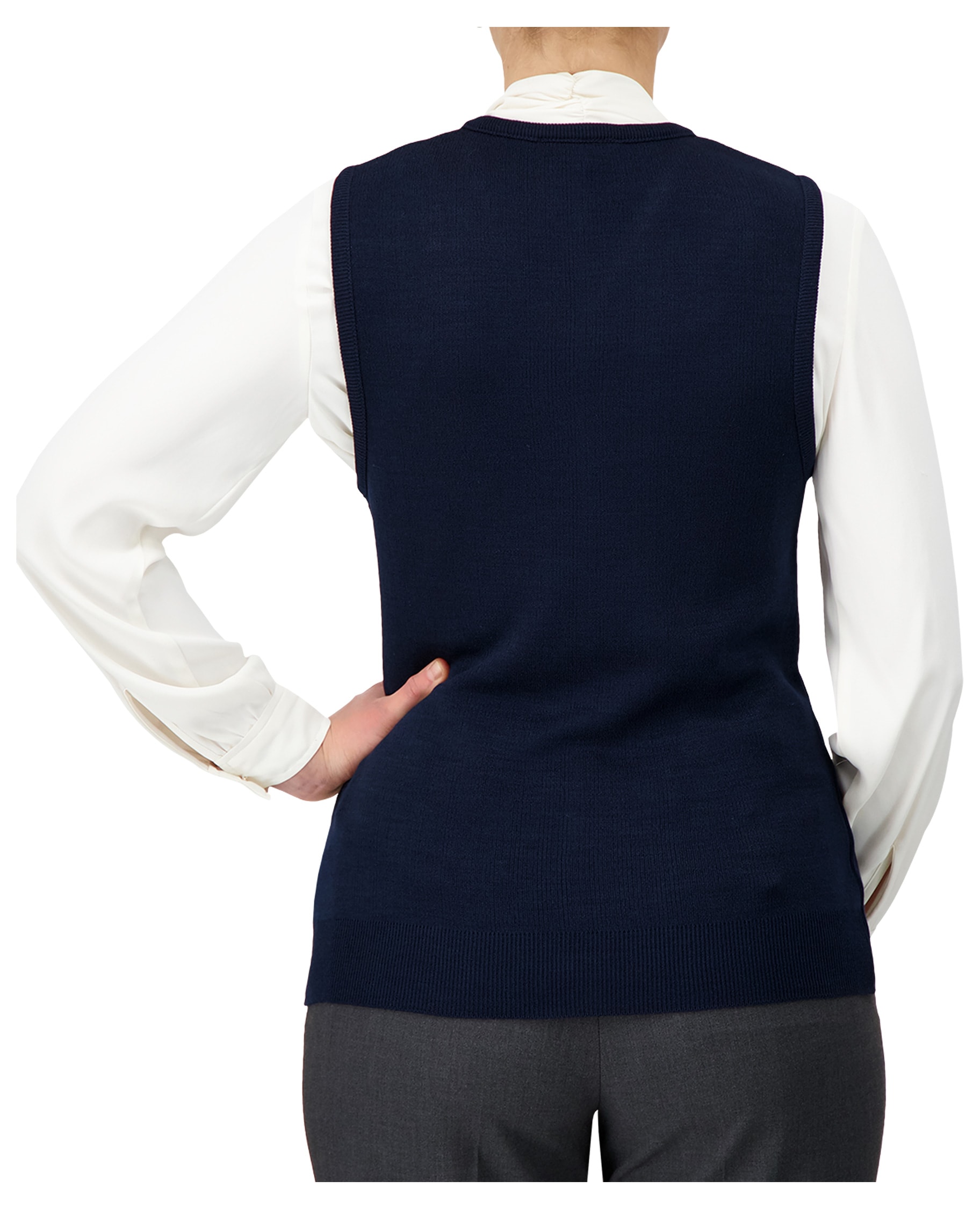 back of navy v-neck sweater vest