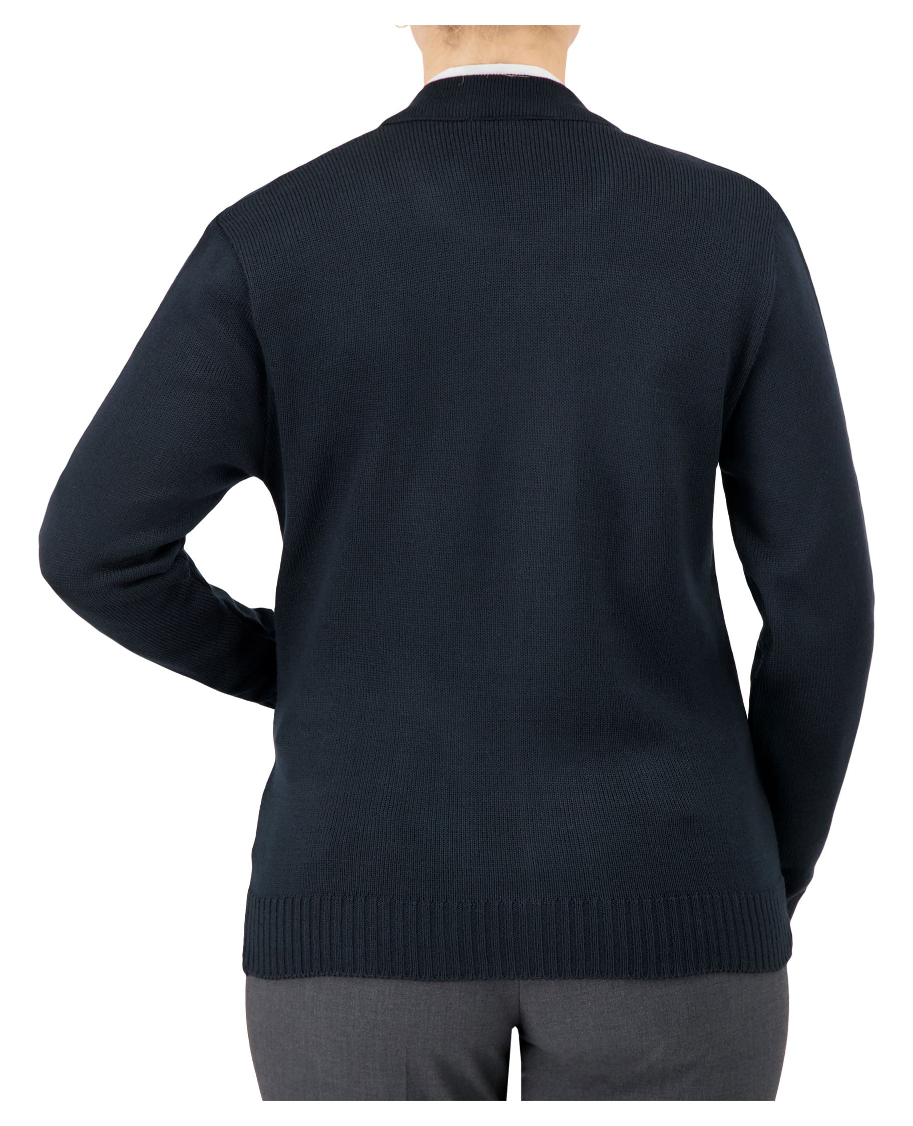back of navy v-neck zip up sweater with pockets