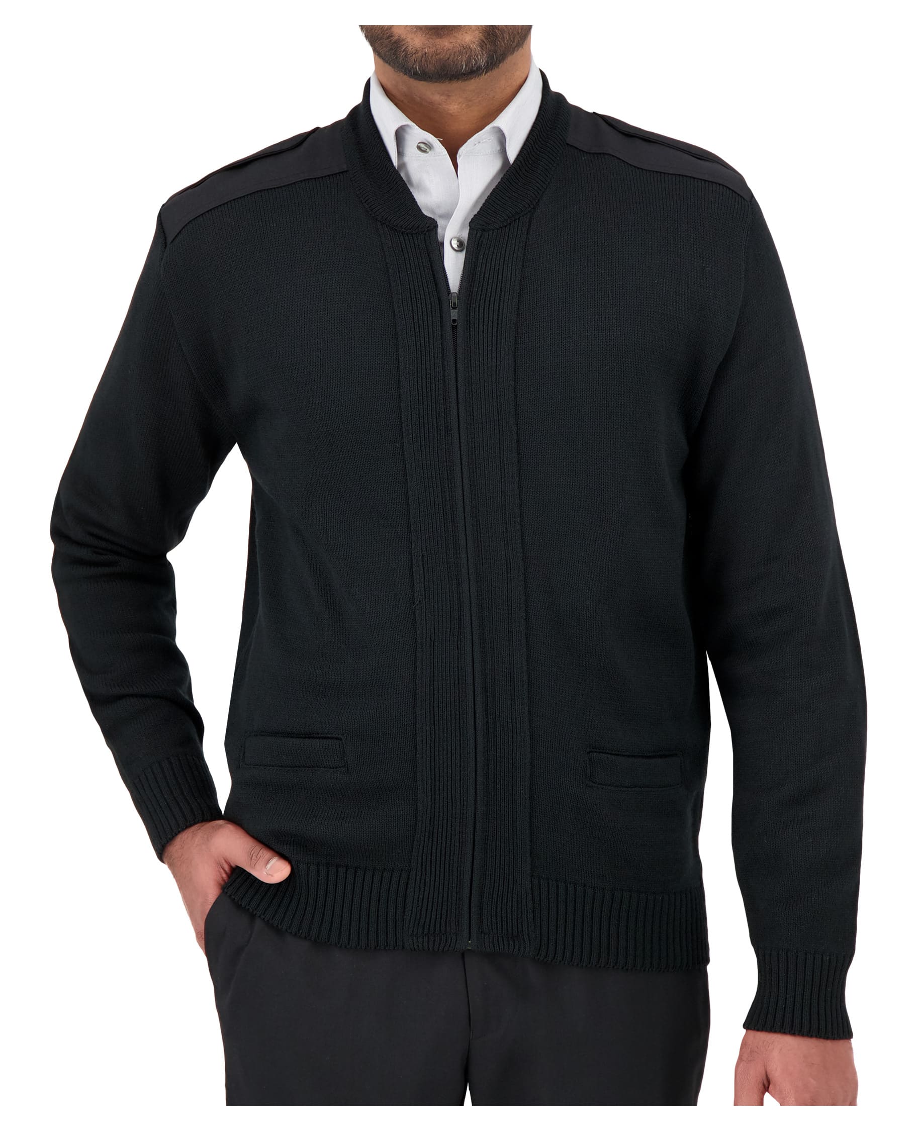 black crew neck zip up sweater with shoulder and elbow patches and pockets