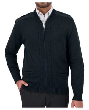 blue crew neck zip up sweater with shoulder and elbow patches and pockets